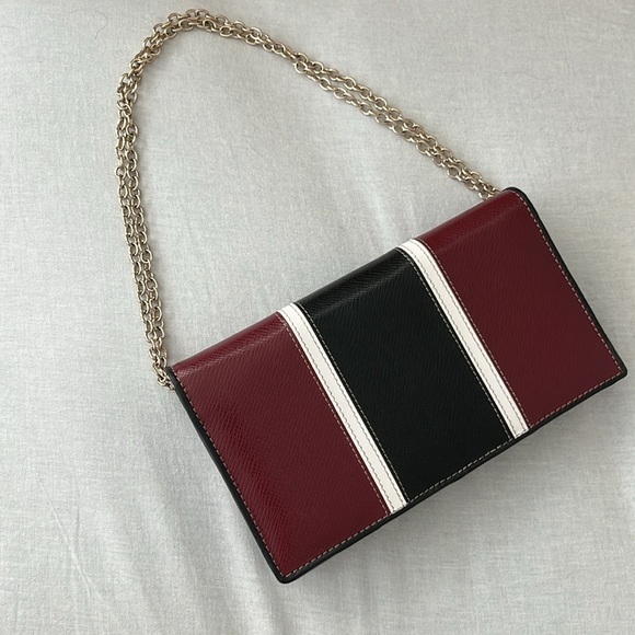 Burgundy Repp Stripe Embossed Leather Wallet Purse with Chain Strap - Picture 3 of 5